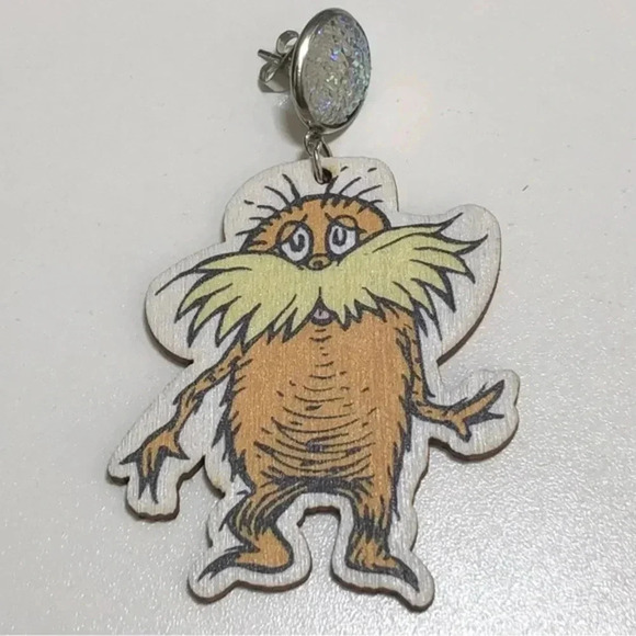 The Lorax Book Teacher Reading Librarian School Die Cut Wood Earrings New NWT - Picture 2 of 3